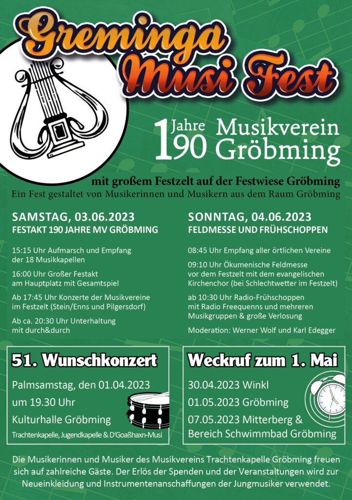 Vorankündigung Greminga Musifest 190 Jahre Musikverein Gröbming